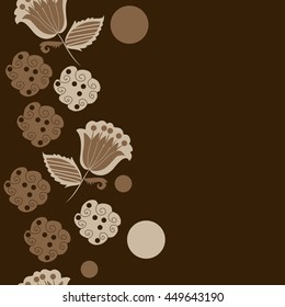 Seamless  vertical  pattern of floral motifs, doodles,  object,leaves, flowers, spirals, ellipses, bell, spot. Hand drawn.