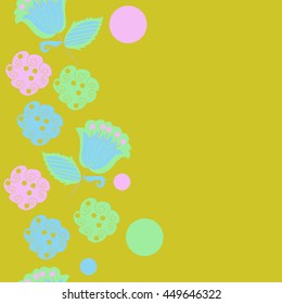 Seamless  vertical  pattern of floral motifs, doodles,  object,leaves, flowers, spirals, ellipses, bell, spot. Hand drawn.