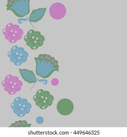 Seamless  vertical  pattern of floral motifs, doodles,  object,leaves, flowers, spirals, ellipses, bell, spot. Hand drawn.