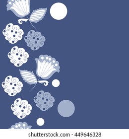 Seamless  vertical  pattern of floral motifs, doodles,  object,leaves, flowers, spirals, ellipses, bell, spot. Hand drawn.