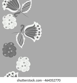 Seamless  vertical pattern of floral motifs, doodles,  object,leaves, flowers, spirals, stripes,ellipses, bell, spot. Hand drawn.