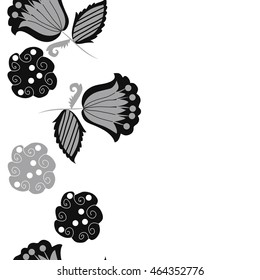 Seamless  vertical pattern of floral motifs, doodles,  object,leaves, flowers, spirals, stripes,ellipses, bell, spot. Hand drawn.
