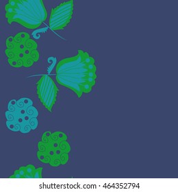 Seamless  vertical pattern of floral motifs, doodles,  object,leaves, flowers, spirals, stripes,ellipses, bell, spot. Hand drawn.