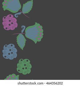 Seamless  vertical pattern of floral motifs, doodles,  object,leaves, flowers, spirals, stripes,ellipses, bell, spot. Hand drawn.