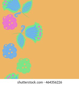 Seamless  vertical pattern of floral motifs, doodles,  object,leaves, flowers, spirals, stripes,ellipses, bell, spot. Hand drawn.