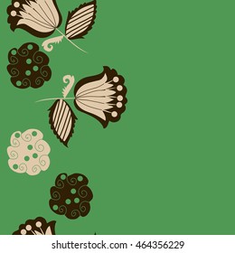 Seamless  vertical pattern of floral motifs, doodles,  object,leaves, flowers, spirals, stripes,ellipses, bell, spot. Hand drawn.