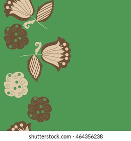 Seamless  vertical pattern of floral motifs, doodles,  object,leaves, flowers, spirals, stripes,ellipses, bell, spot. Hand drawn.