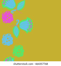 Seamless  vertical pattern of floral motifs, doodles,  object,leaves, flowers, spirals, stripes,ellipses, bell, spot. Hand drawn.