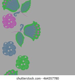 Seamless  vertical pattern of floral motifs, doodles,  object,leaves, flowers, spirals, stripes,ellipses, bell, spot. Hand drawn.