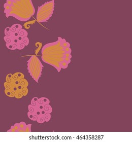 Seamless  vertical pattern of floral motifs, doodles,  object,leaves, flowers, spirals, stripes,ellipses, bell, spot. Hand drawn.