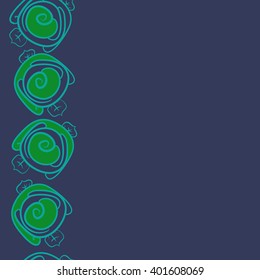 Seamless vertical pattern of floral motifs,stylized rosy,leaves,spirals, copy space. Hand drawn.
