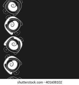 Seamless vertical pattern of floral motifs,stylized rosy,leaves,spirals, copy space. Hand drawn.