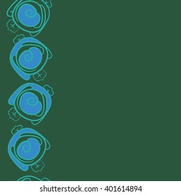 Seamless vertical pattern of floral motifs,stylized rosy,leaves,spirals, copy space. Hand drawn.