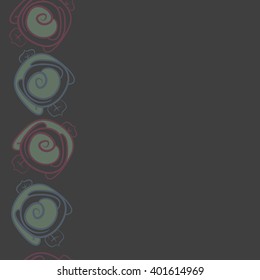 Seamless vertical pattern of floral motifs,stylized rosy,leaves,spirals, copy space. Hand drawn.