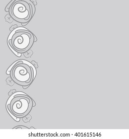 Seamless vertical pattern of floral motifs,stylized rosy,leaves,spirals, copy space. Hand drawn.