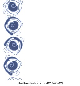 Seamless vertical pattern of floral motifs,stylized rosy,leaves,spirals, copy space. Hand drawn.