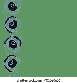 Seamless vertical pattern of floral motifs,stylized rosy,leaves,spirals, copy space. Hand drawn.