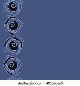 Seamless vertical pattern of floral motifs,stylized rosy,leaves,spirals, copy space. Hand drawn.