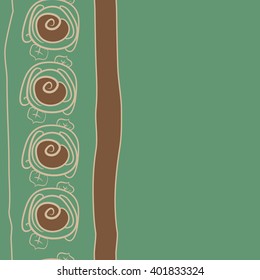 Seamless vertical  pattern of floral motifs,stylized rosy,leaves,spiral, stripes, copy space. Hand drawn.