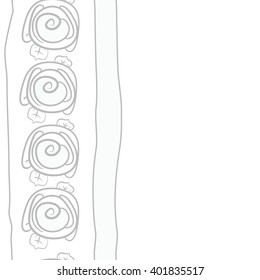 Seamless vertical  pattern of floral motifs,stylized rosy,leaves,spiral, stripes, copy space. Hand drawn.