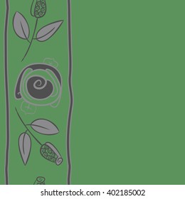 Seamless vertical  pattern of floral motifs,stylized rosy, branch, bud, spirals, leaves, stripe, copy space. Hand drawn.