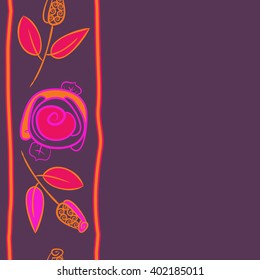 Seamless vertical  pattern of floral motifs,stylized rosy, branch, bud, spirals, leaves, stripe, copy space. Hand drawn.