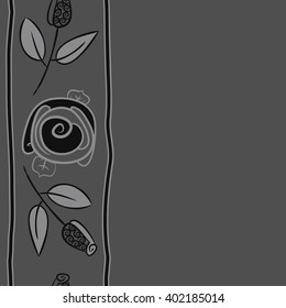 Seamless vertical  pattern of floral motifs,stylized rosy, branch, bud, spirals, leaves, stripe, copy space. Hand drawn.