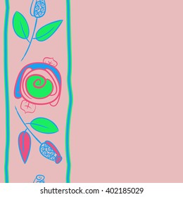 Seamless vertical  pattern of floral motifs,stylized rosy, branch, bud, spirals, leaves, stripe, copy space. Hand drawn.