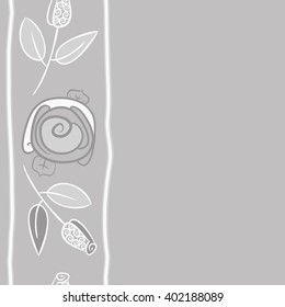 Seamless vertical  pattern of floral motifs,stylized rosy, branch, bud, spirals, leaves, stripe, copy space. Hand drawn.
