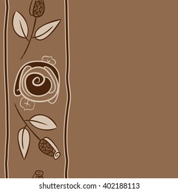 Seamless vertical  pattern of floral motifs,stylized rosy, branch, bud, spirals, leaves, stripe, copy space. Hand drawn.