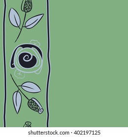 Seamless vertical  pattern of floral motifs,stylized rosy, branch, bud, spirals, leaves, stripe, copy space. Hand drawn.