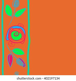 Seamless vertical  pattern of floral motifs,stylized rosy, branch, bud, spirals, leaves, stripe, copy space. Hand drawn.