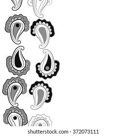 Seamless  vertical  pattern  of  floral oriental motifs, doodles, waves,stripes, ellipses ,copy space . Hand drawn.