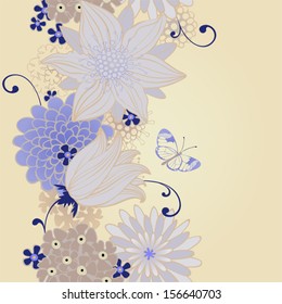 Seamless vertical pattern with flowers and butterfly. Vector greeting card.