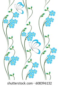 Seamless vertical pattern with forget me not flowers and butterflies.
