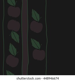 Seamless vertical pattern of fruits, doodles,  object, apples, leaves, stripes, spot, copy space. Hand drawn.
