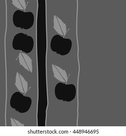 Seamless vertical pattern of fruits, doodles,  object, apples, leaves, stripes, spot, copy space. Hand drawn.