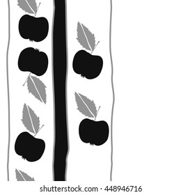 Seamless vertical pattern of fruits, doodles,  object, apples, leaves, stripes, spot, copy space. Hand drawn.