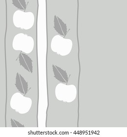 Seamless vertical pattern of fruits, doodles,  object, apples, leaves, stripes, spot, copy space. Hand drawn.