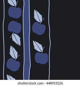 Seamless vertical pattern of fruits, doodles,  object, apples, leaves, stripes, spot, copy space. Hand drawn.