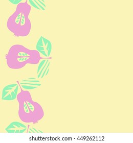 Seamless  vertical pattern of fruits, doodles,  object, pears, leaves, grains, hole, copy space. Hand drawn.