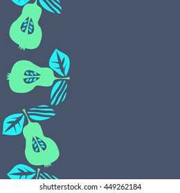 Seamless  vertical pattern of fruits, doodles,  object, pears, leaves, grains, hole, copy space. Hand drawn.