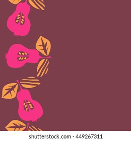 Seamless  vertical pattern of fruits, doodles,  object, pears, leaves, grains, hole, copy space. Hand drawn.