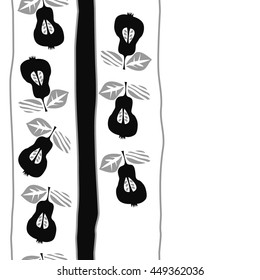 Seamless vertical  pattern of fruits, doodles,  object, pears, leaves, grains, hole,stripes, spot, copy space. Hand drawn.