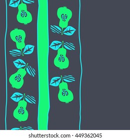 Seamless vertical  pattern of fruits, doodles,  object, pears, leaves, grains, hole,stripes, spot, copy space. Hand drawn.