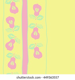 Seamless vertical  pattern of fruits, doodles,  object, pears, leaves, grains, hole,stripes, spot, copy space. Hand drawn.