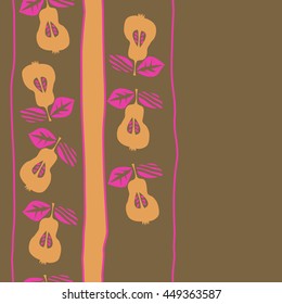 Seamless vertical  pattern of fruits, doodles,  object, pears, leaves, grains, hole,stripes, spot, copy space. Hand drawn.