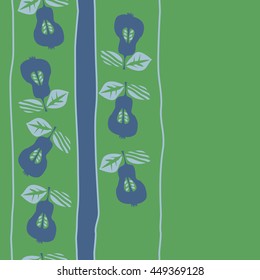 Seamless vertical  pattern of fruits, doodles,  object, pears, leaves, grains, hole,stripes, spot, copy space. Hand drawn.