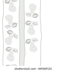 Seamless vertical  pattern of fruits, doodles,  object, pears, leaves, grains, hole,stripes, spot, copy space. Hand drawn.