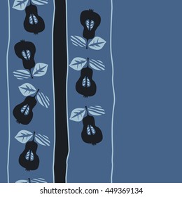 Seamless vertical  pattern of fruits, doodles,  object, pears, leaves, grains, hole,stripes, spot, copy space. Hand drawn.